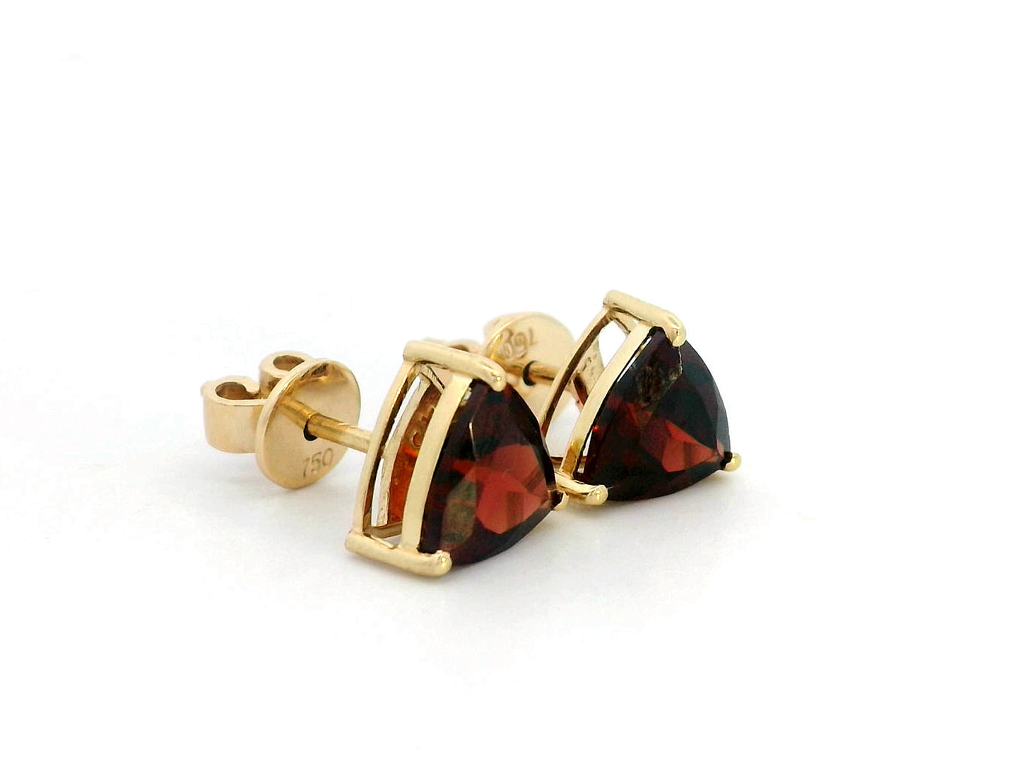 18K Yellow Gold Garnet Stud Earrings – 2.49 CT Trillion-Cut Solitaire, Three-Prong Set, Elegant Birthstone Jewelry