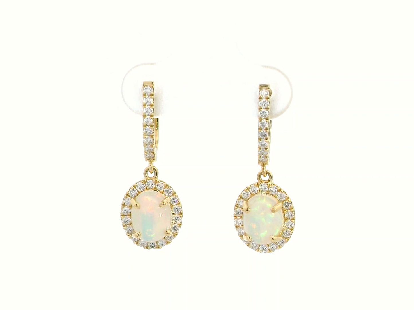 18K Gold Opal and Diamond Halo Drop Earrings – 1.51 CT Natural Opal with Iridescence, 0.58 CT Diamonds, Elegant Dangle Earrings for Women