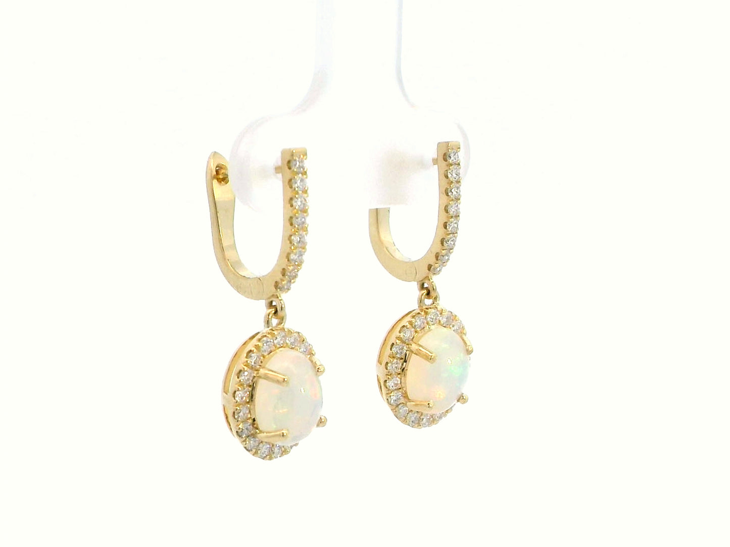 18K Gold Opal and Diamond Halo Drop Earrings – 1.51 CT Natural Opal with Iridescence, 0.58 CT Diamonds, Elegant Dangle Earrings for Women