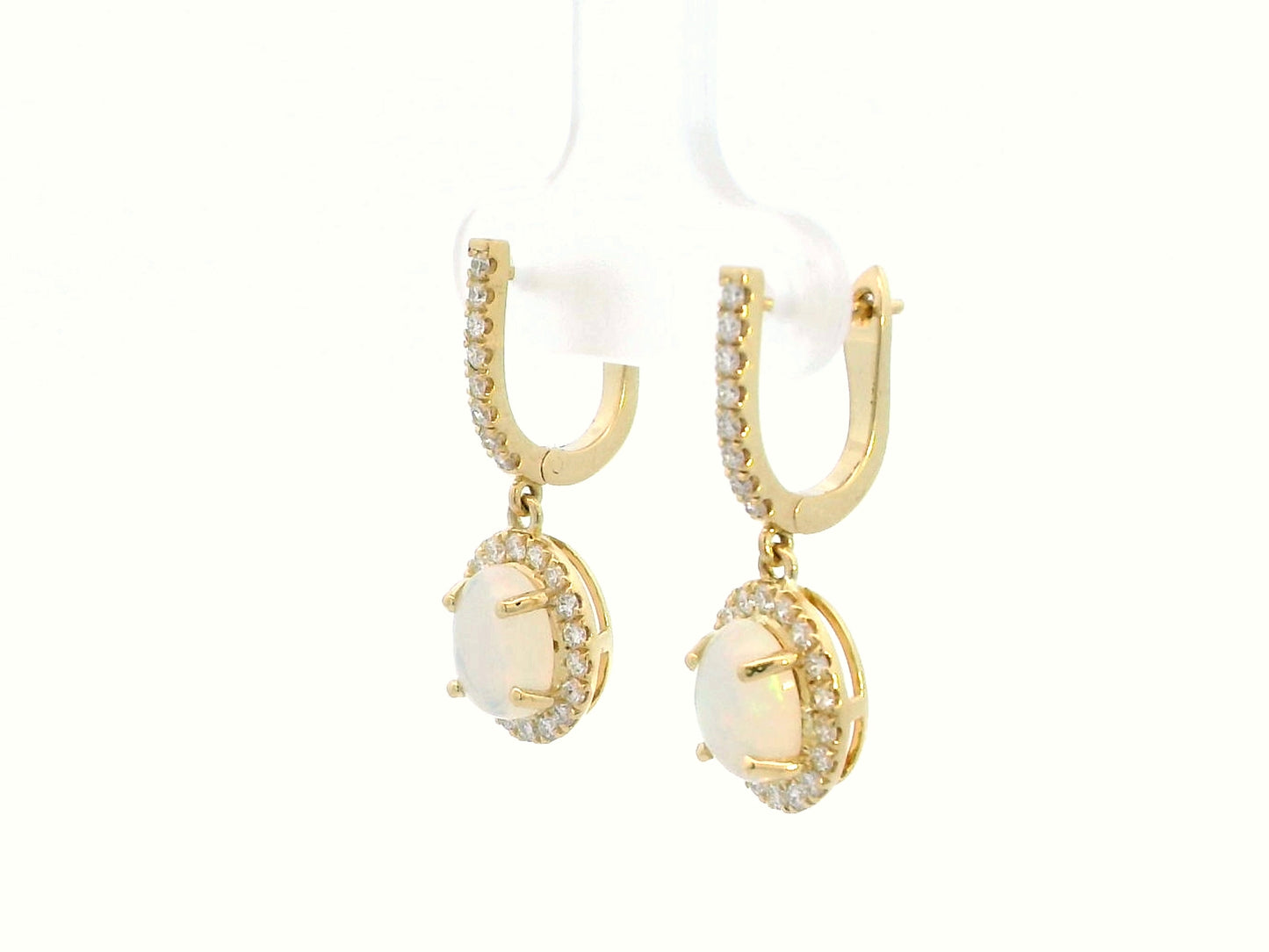 18K Gold Opal and Diamond Halo Drop Earrings – 1.51 CT Natural Opal with Iridescence, 0.58 CT Diamonds, Elegant Dangle Earrings for Women