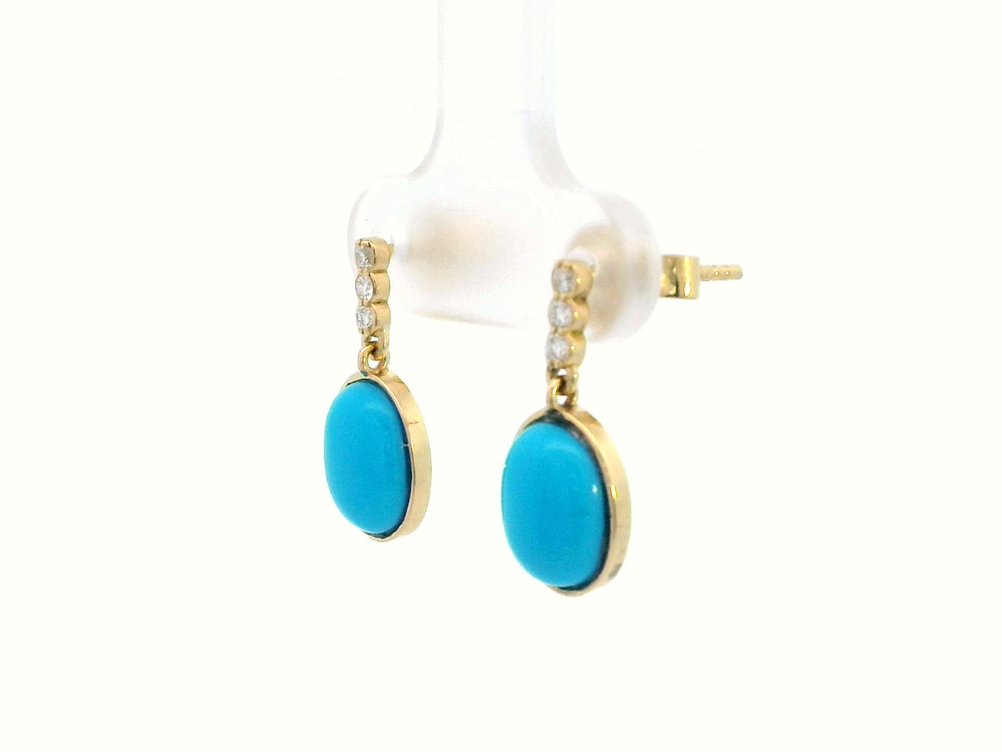 18K Gold Turquoise and Diamond Drop Earrings – Natural 3.55 Carat Turquoise with 0.11 CT Diamonds, Elegant Dangle Earrings