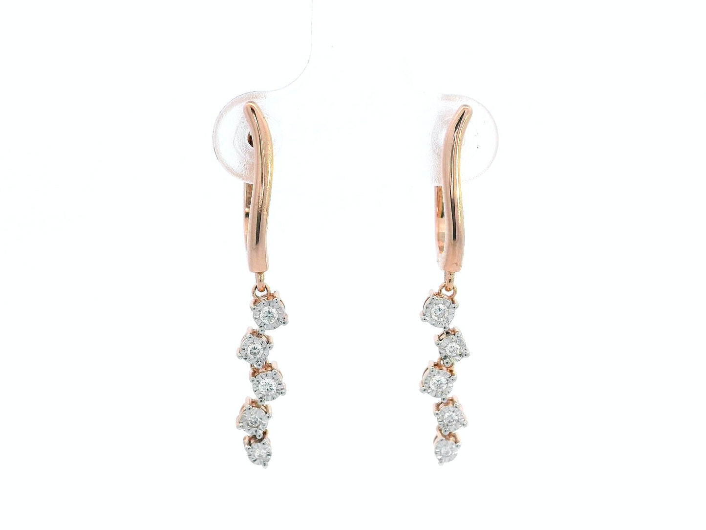 18K gold diamond drop earrings with huggie hoop closure and dangling round-cut diamonds, minimalist and elegant design.
