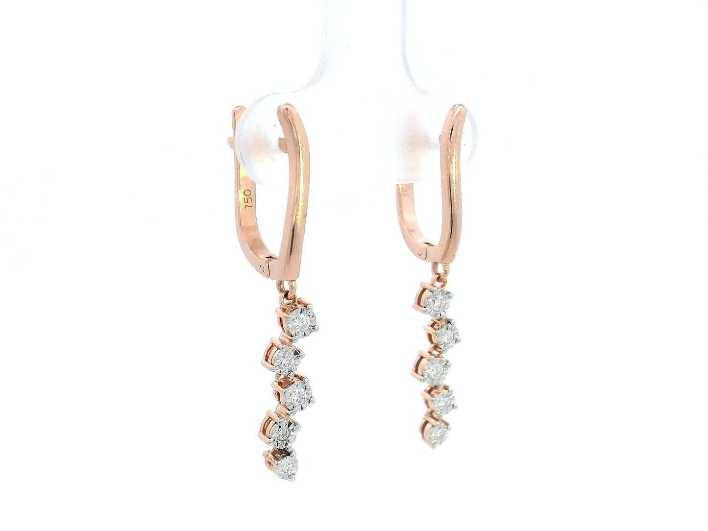 18K gold diamond drop earrings with huggie hoop closure and dangling round-cut diamonds, minimalist and elegant design.