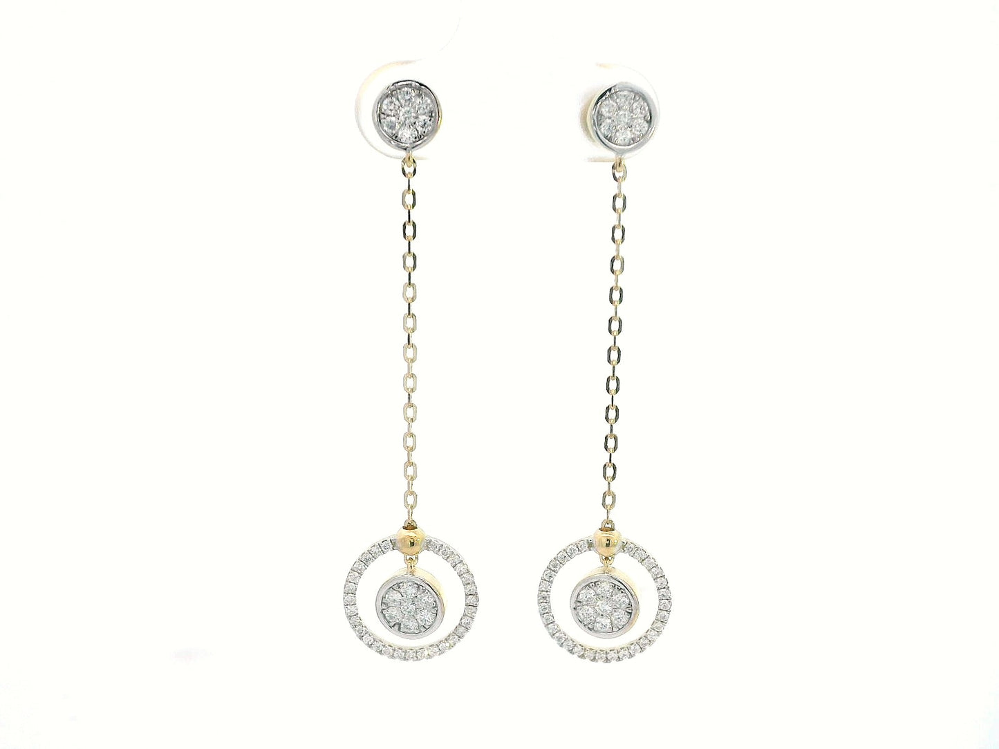 0.50 Carat Diamond Dangle Earrings in 18K Gold, elegant drop earrings with chain and circular diamond accents