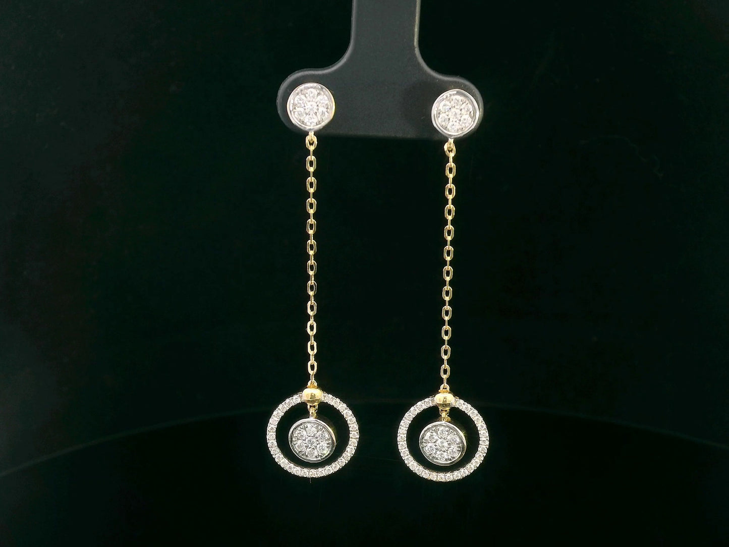 0.50 Carat Diamond Dangle Earrings in 18K Gold, elegant drop earrings with chain and circular diamond accents