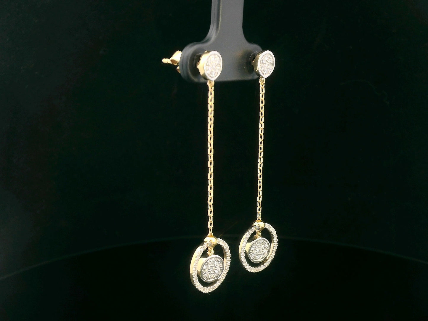 0.50 Carat Diamond Dangle Earrings in 18K Gold, elegant drop earrings with chain and circular diamond accents
