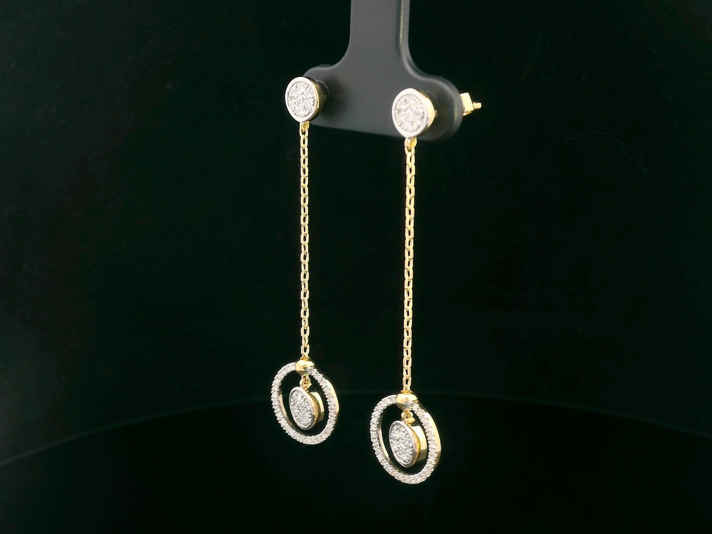 0.50 Carat Diamond Dangle Earrings in 18K Gold, elegant drop earrings with chain and circular diamond accents