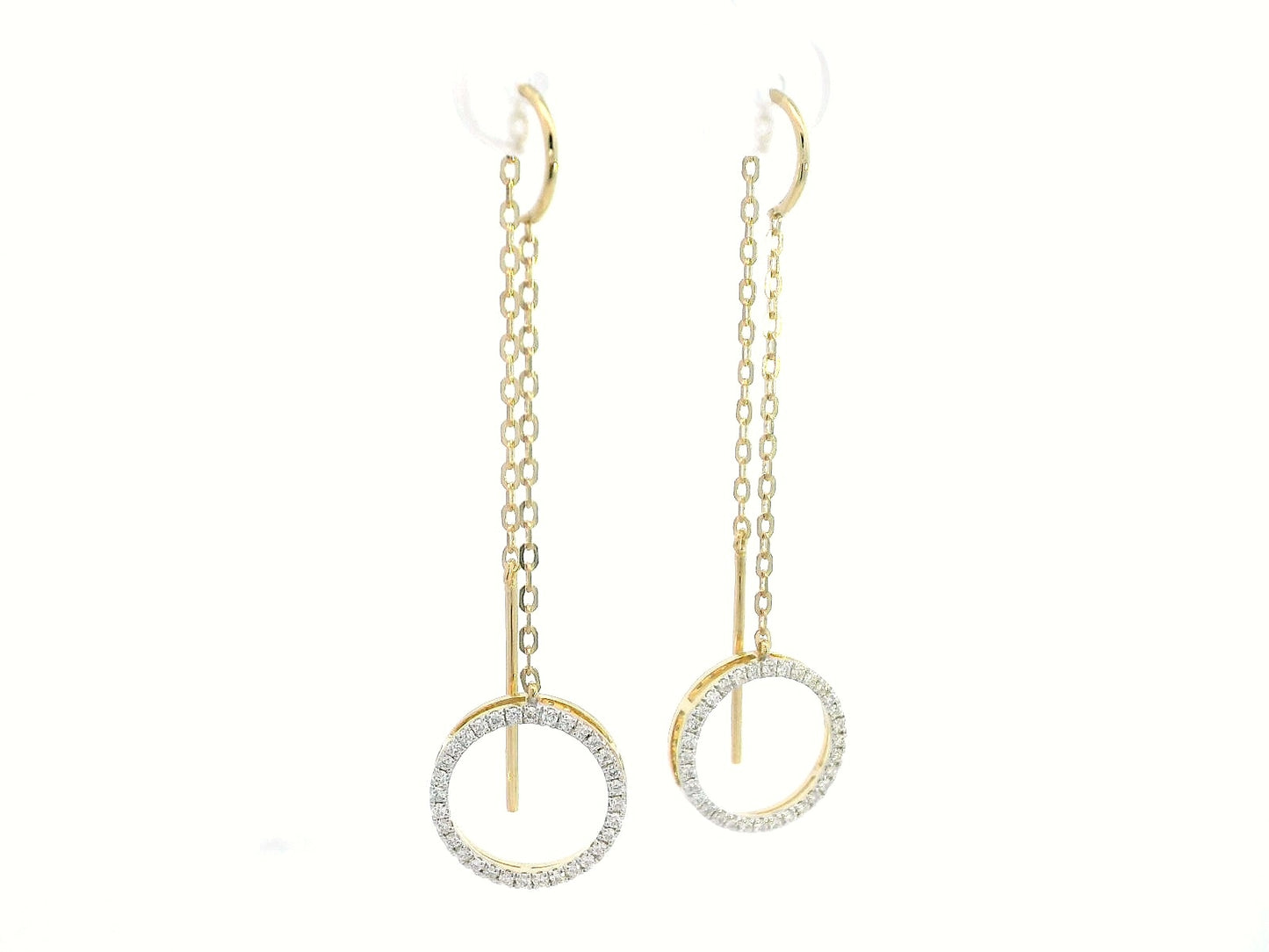 18K gold diamond threader earrings with a 0.22ct round diamond open circle drop, featuring a delicate and modern design.