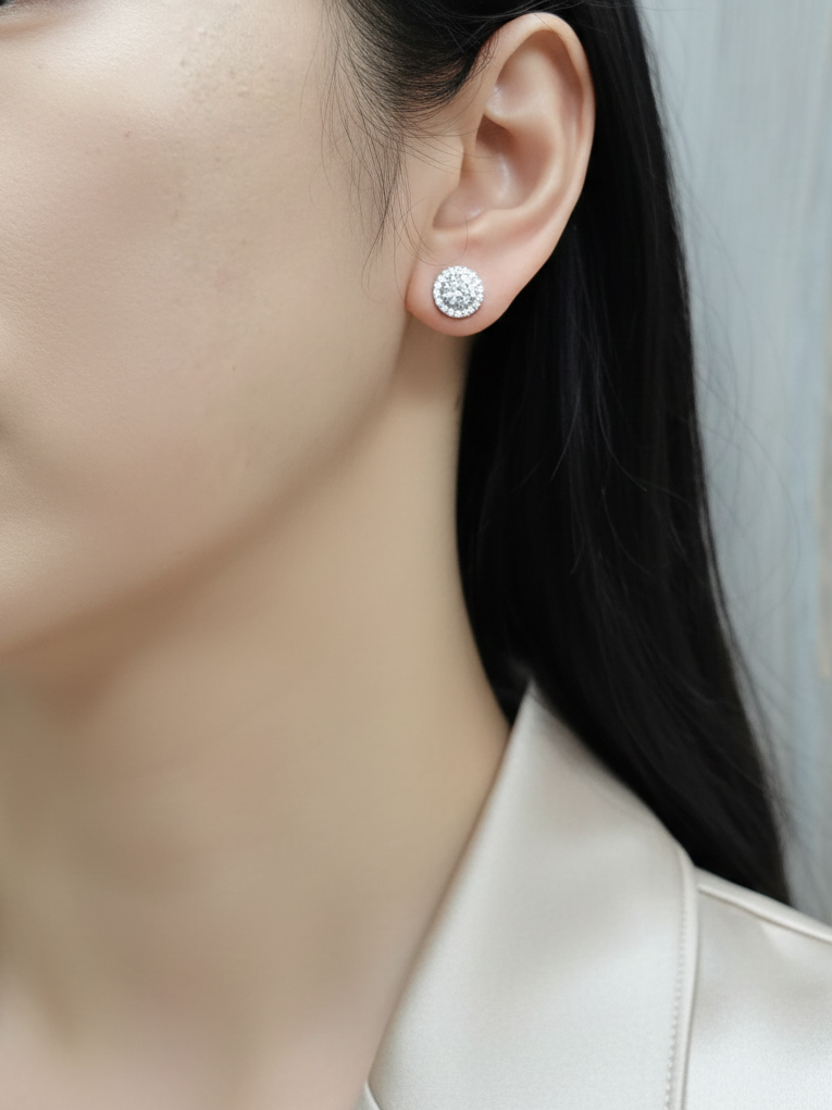 18K white gold diamond halo stud earrings with 1.00ct F color centers and pavé halo – Emirates Diamonds