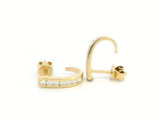 18K gold curved bar diamond earrings with 0.31ct round-cut diamonds, sleek modern design.