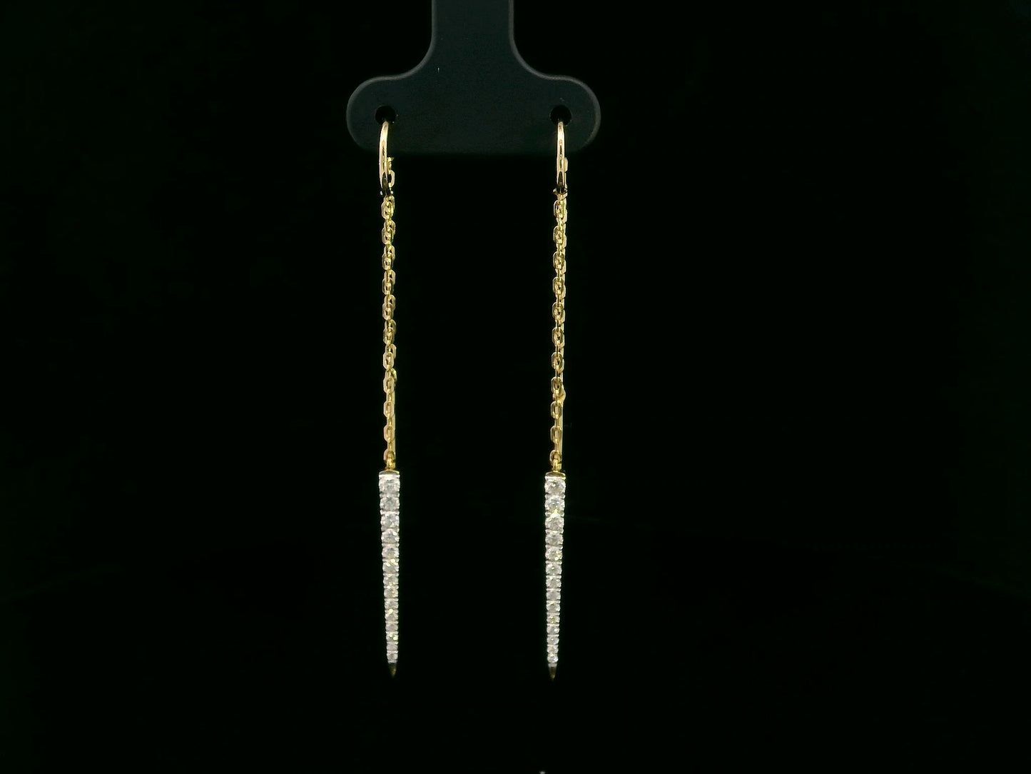 18K gold diamond threader earrings featuring 0.34 carats of pavé-set diamonds in a modern dangle drop design.