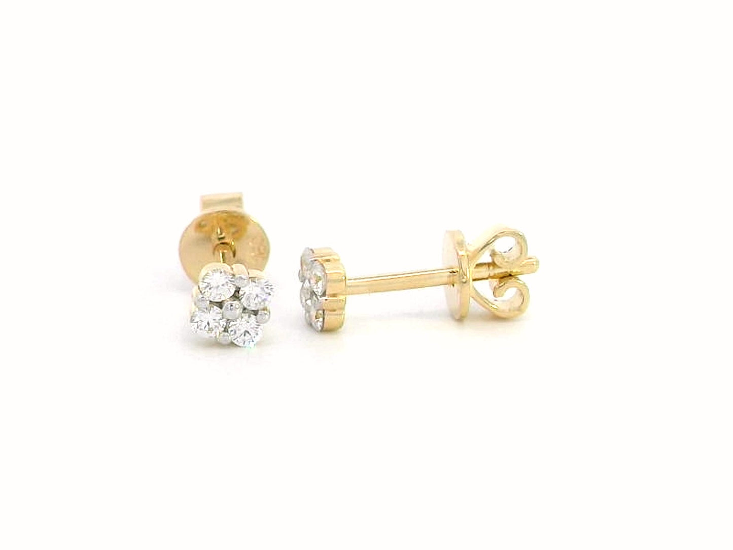 18K gold floral diamond stud earrings with round-cut diamonds, delicate flower design.