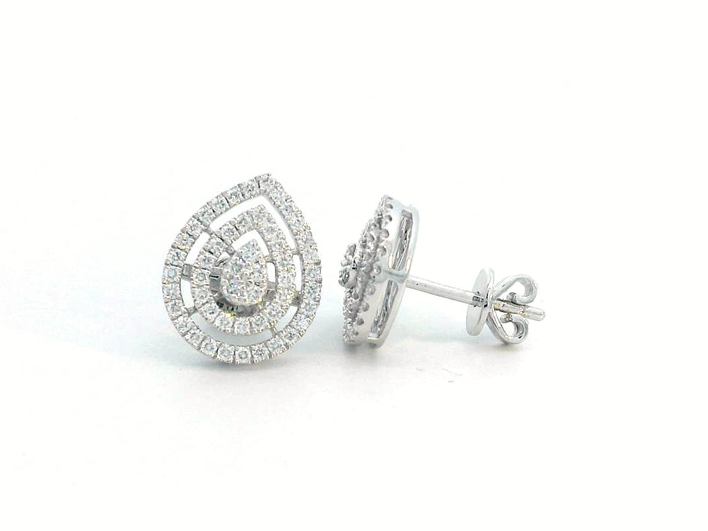18K gold teardrop diamond halo stud earrings with double-halo design and butterfly pushbacks, set with 0.59ct natural diamonds.