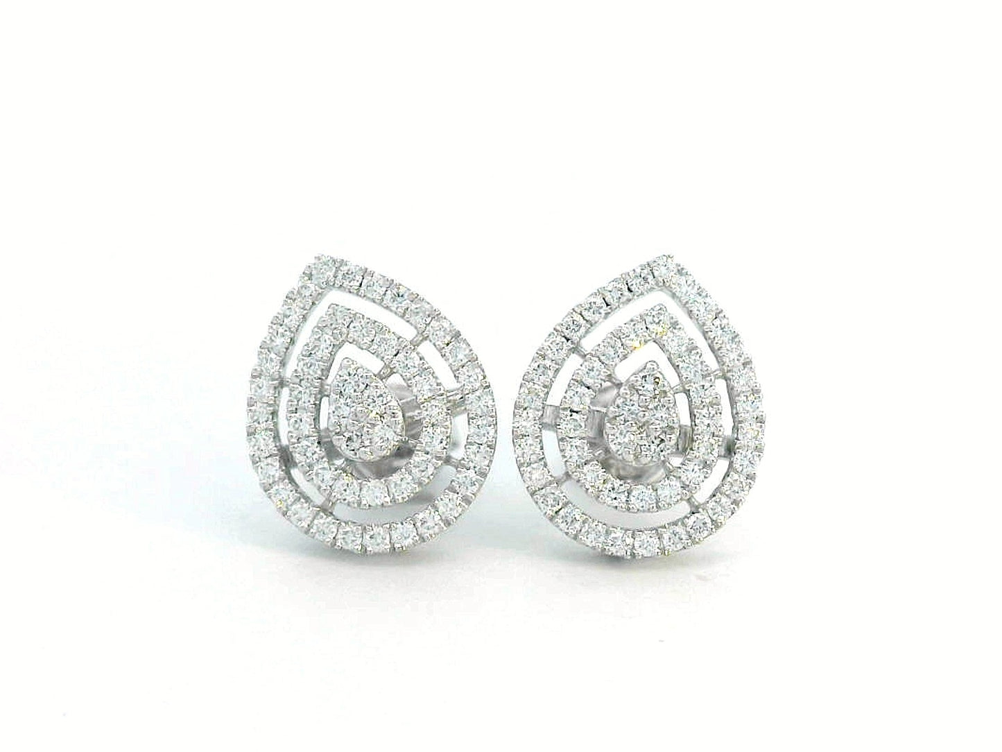 18K gold teardrop diamond halo stud earrings with double-halo design and butterfly pushbacks, set with 0.59ct natural diamonds.