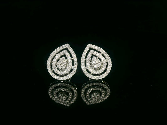 18K gold teardrop diamond halo stud earrings with double-halo design and butterfly pushbacks, set with 0.59ct natural diamonds.