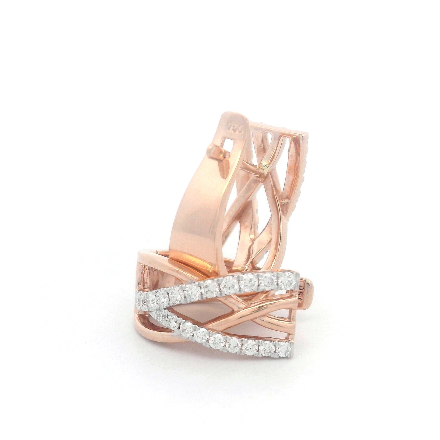 18K gold crisscross diamond huggie earrings, featuring a sleek, contemporary design with 0.52 carats of brilliant diamonds.
