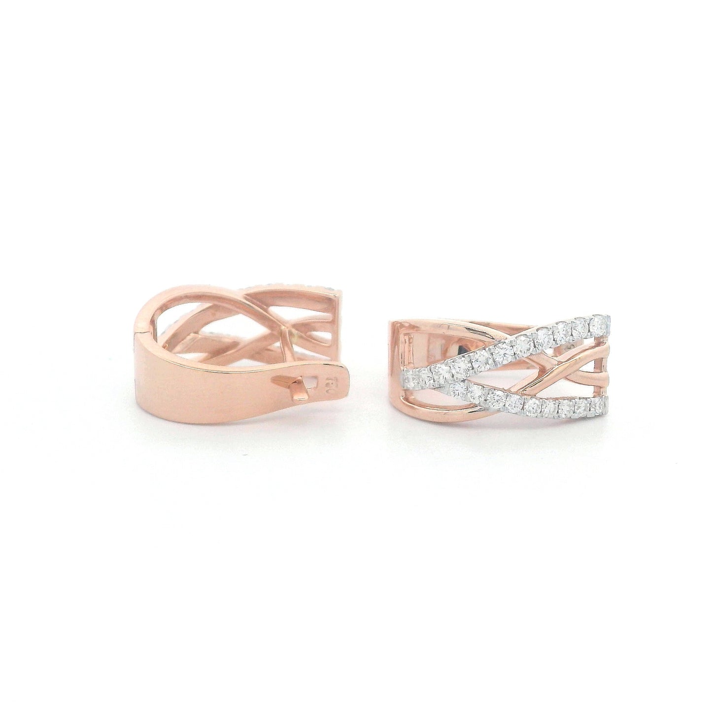 18K gold crisscross diamond huggie earrings, featuring a sleek, contemporary design with 0.52 carats of brilliant diamonds.