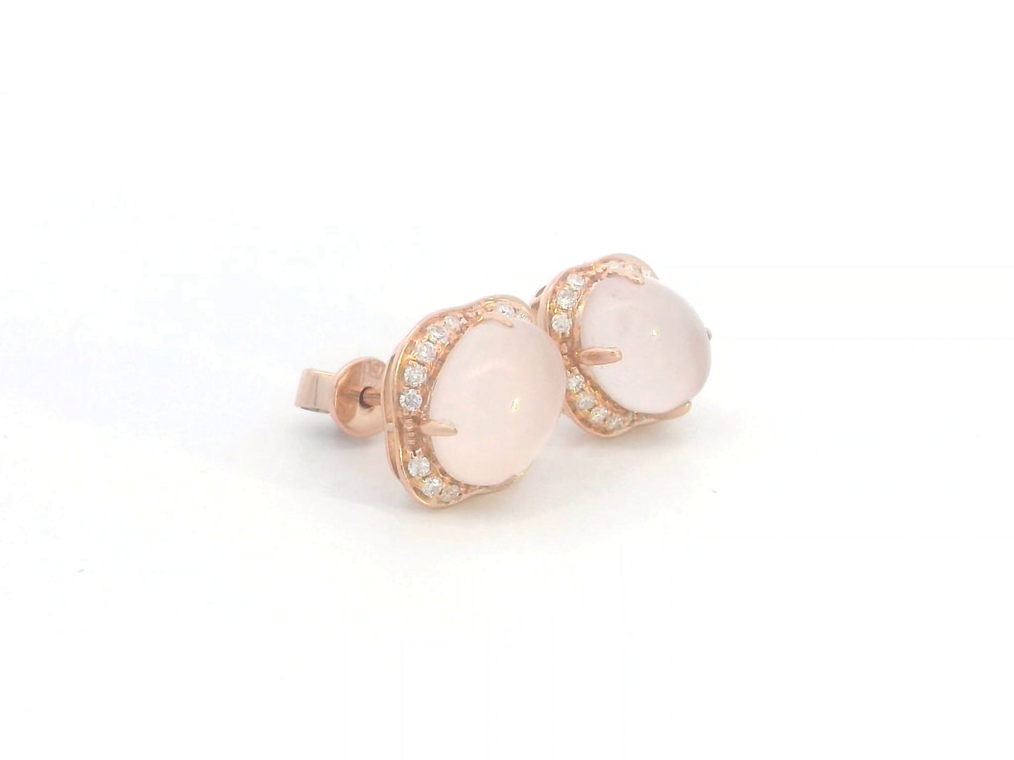 18K rose gold stud earrings with oval-cut rose quartz and a diamond halo.