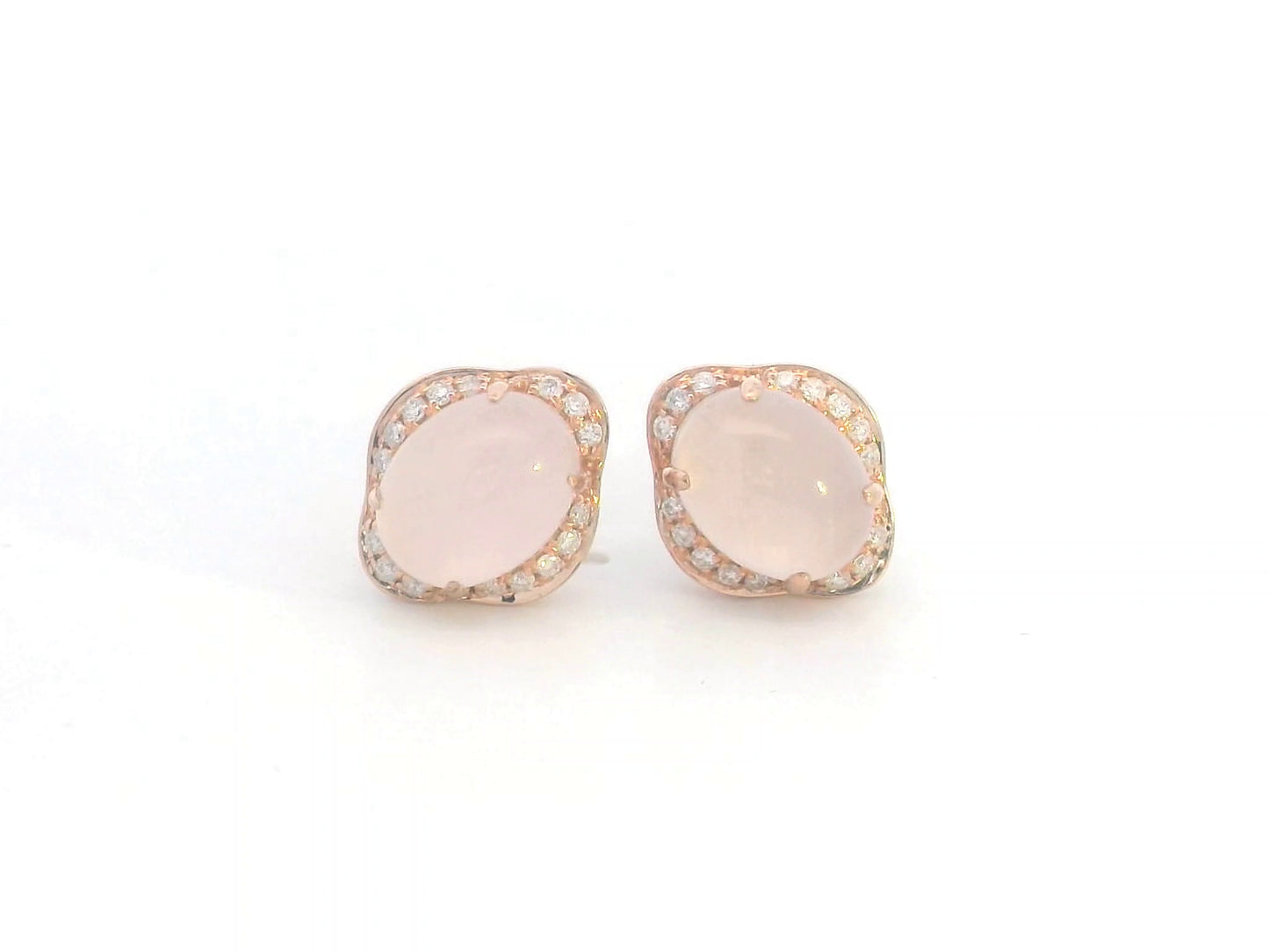 18K rose gold stud earrings with oval-cut rose quartz and a diamond halo.