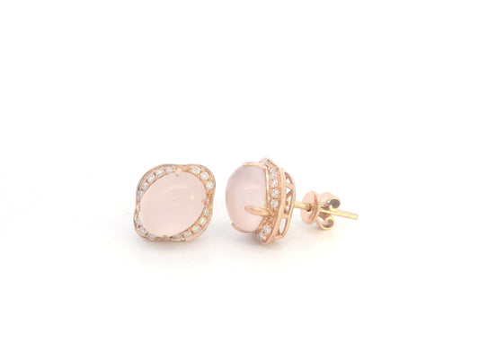 18K rose gold stud earrings with oval-cut rose quartz and a diamond halo.