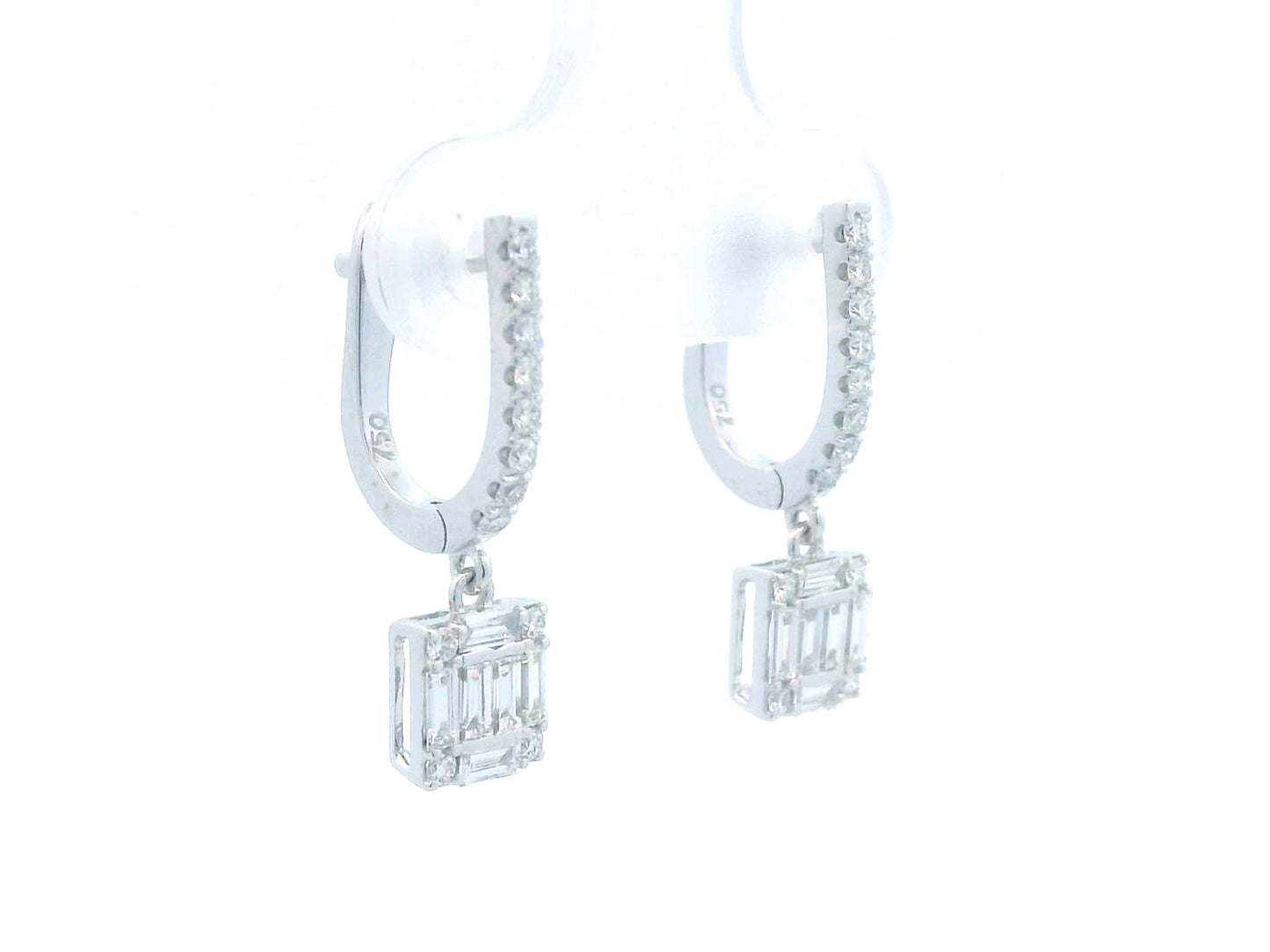 18K gold diamond drop earrings with square baguette and round diamonds.