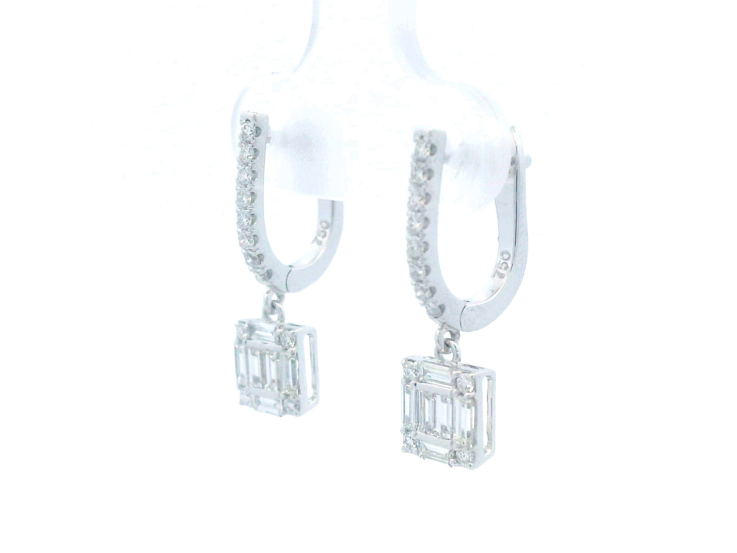 18K gold diamond drop earrings with square baguette and round diamonds.