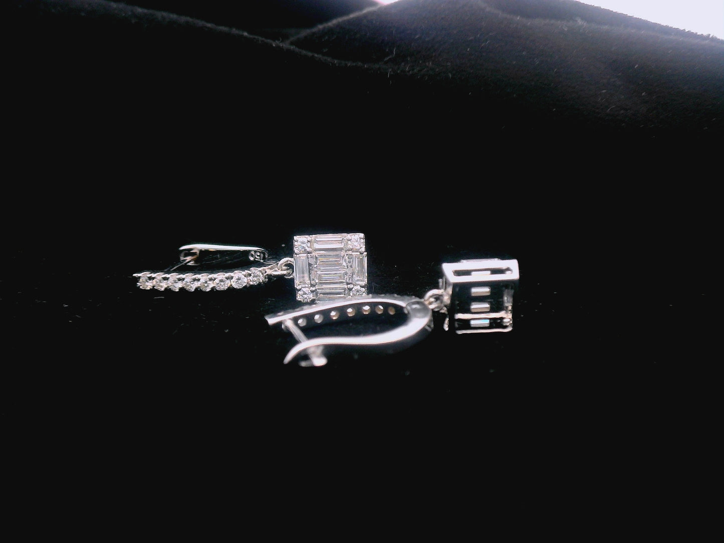 18K gold diamond drop earrings with square baguette and round diamonds.