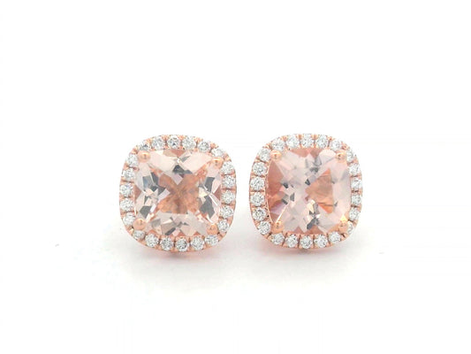 18K rose gold stud earrings with cushion-cut morganites and a diamond halo.
