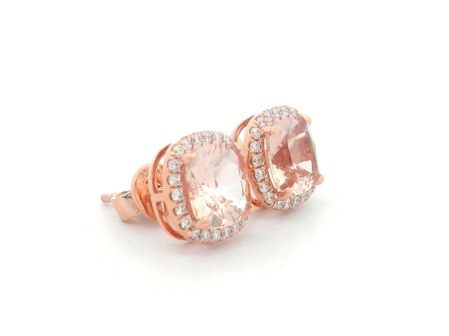 18K rose gold stud earrings with cushion-cut morganites and a diamond halo.