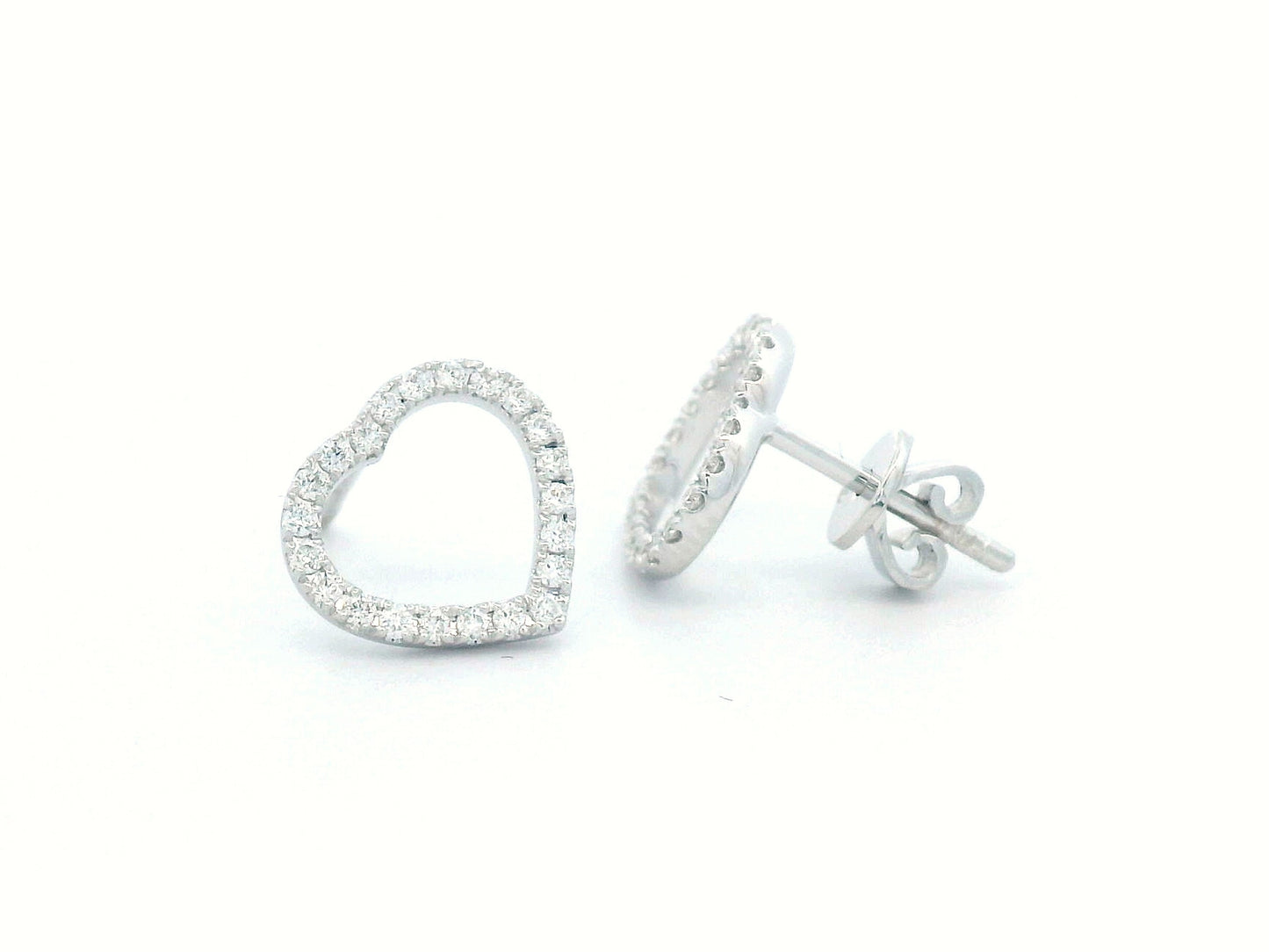 18K white gold diamond heart stud earrings with 0.27 carat round diamonds, elegant and romantic jewelry piece.