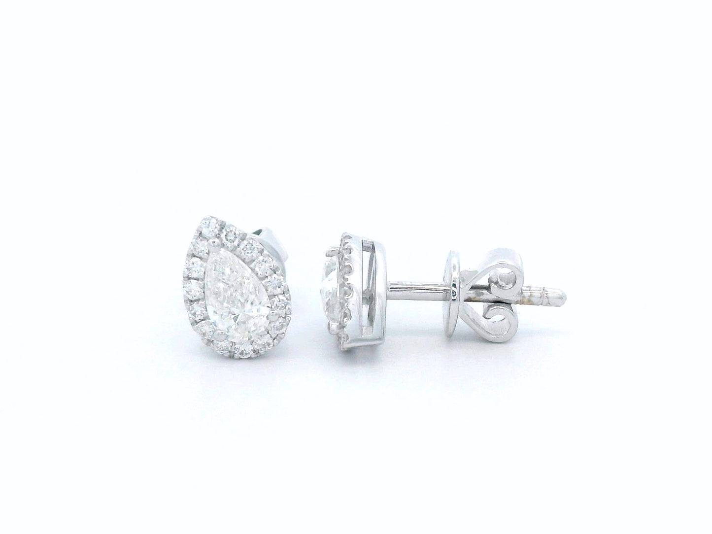 Pear-shaped diamond halo stud earrings in 18K white gold with 0.55 carats total diamond weight