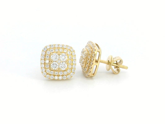18K gold cushion-shaped diamond stud earrings with double halo, 0.76 carats total.