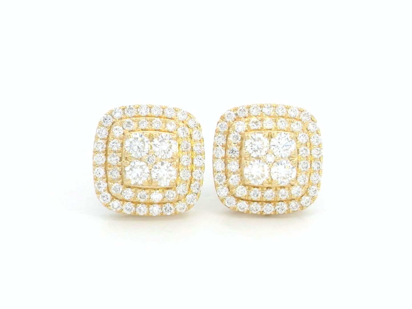 18K gold cushion-shaped diamond stud earrings with double halo, 0.76 carats total.