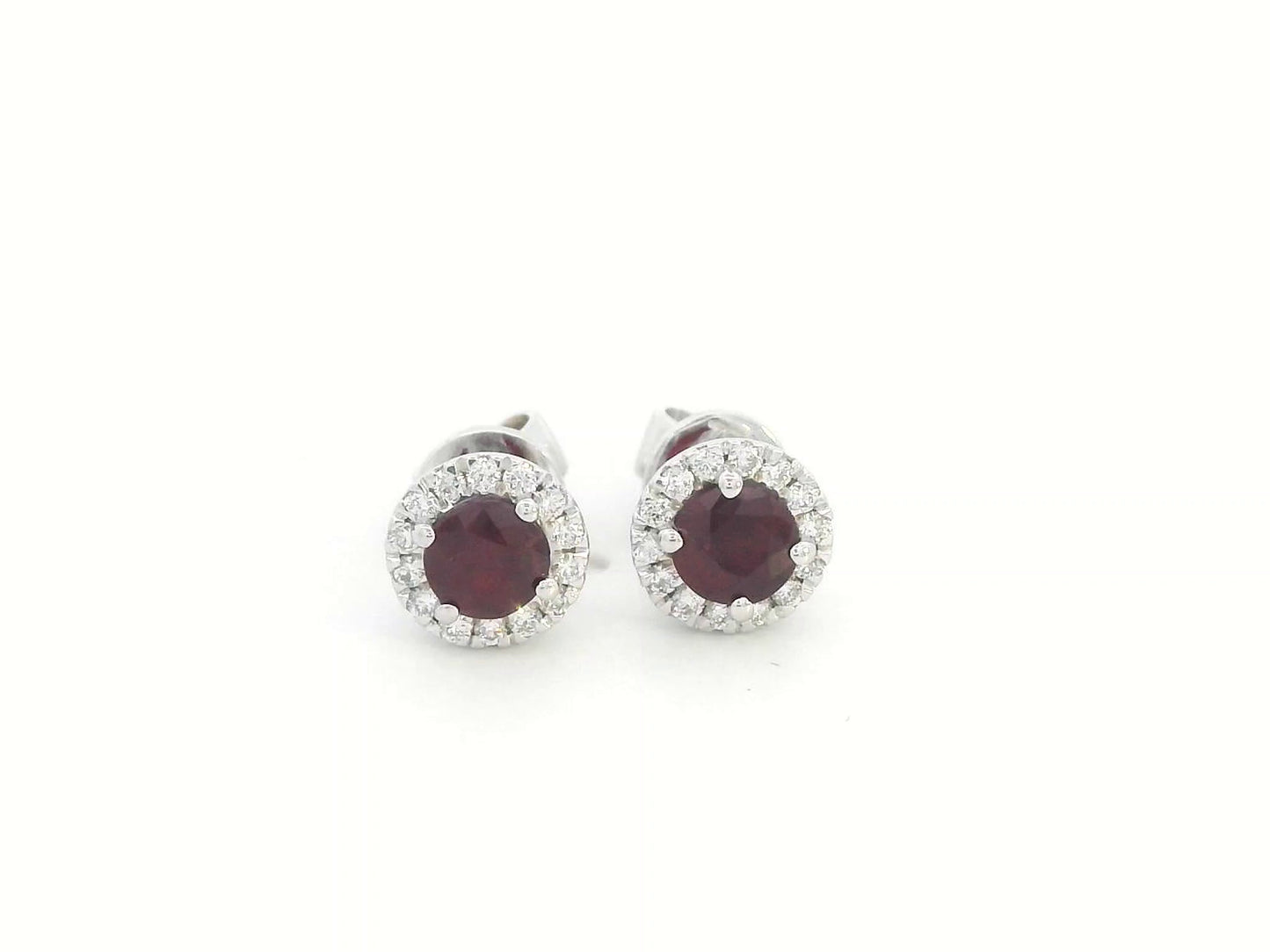 18K White Gold Earrings with Round-Cut Rubies and Diamond Halo – 0.56ct Ruby, 0.13ct Diamond