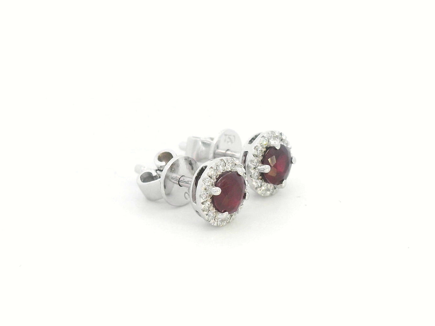 18K White Gold Earrings with Round-Cut Rubies and Diamond Halo – 0.56ct Ruby, 0.13ct Diamond