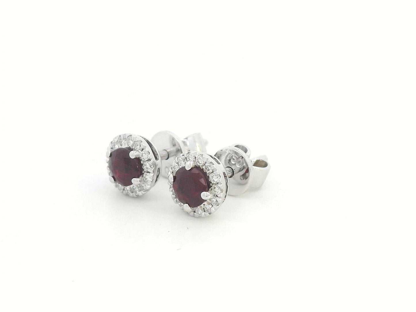 18K White Gold Earrings with Round-Cut Rubies and Diamond Halo – 0.56ct Ruby, 0.13ct Diamond