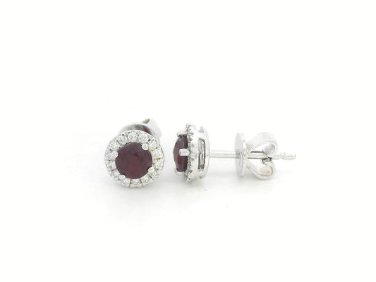 18K White Gold Earrings with Round-Cut Rubies and Diamond Halo – 0.56ct Ruby, 0.13ct Diamond