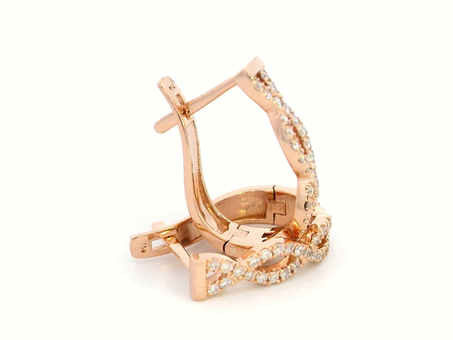 18K gold hoop earrings with diamonds in a twisted infinity design.