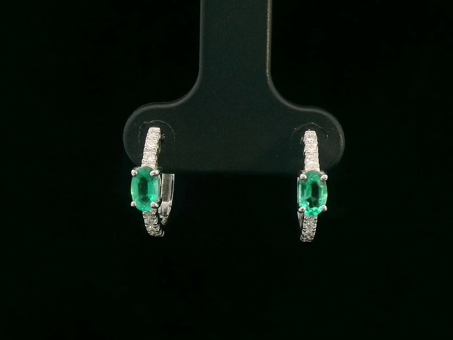 18K White Gold Hoop Earrings with Oval Emeralds and Diamond Accents