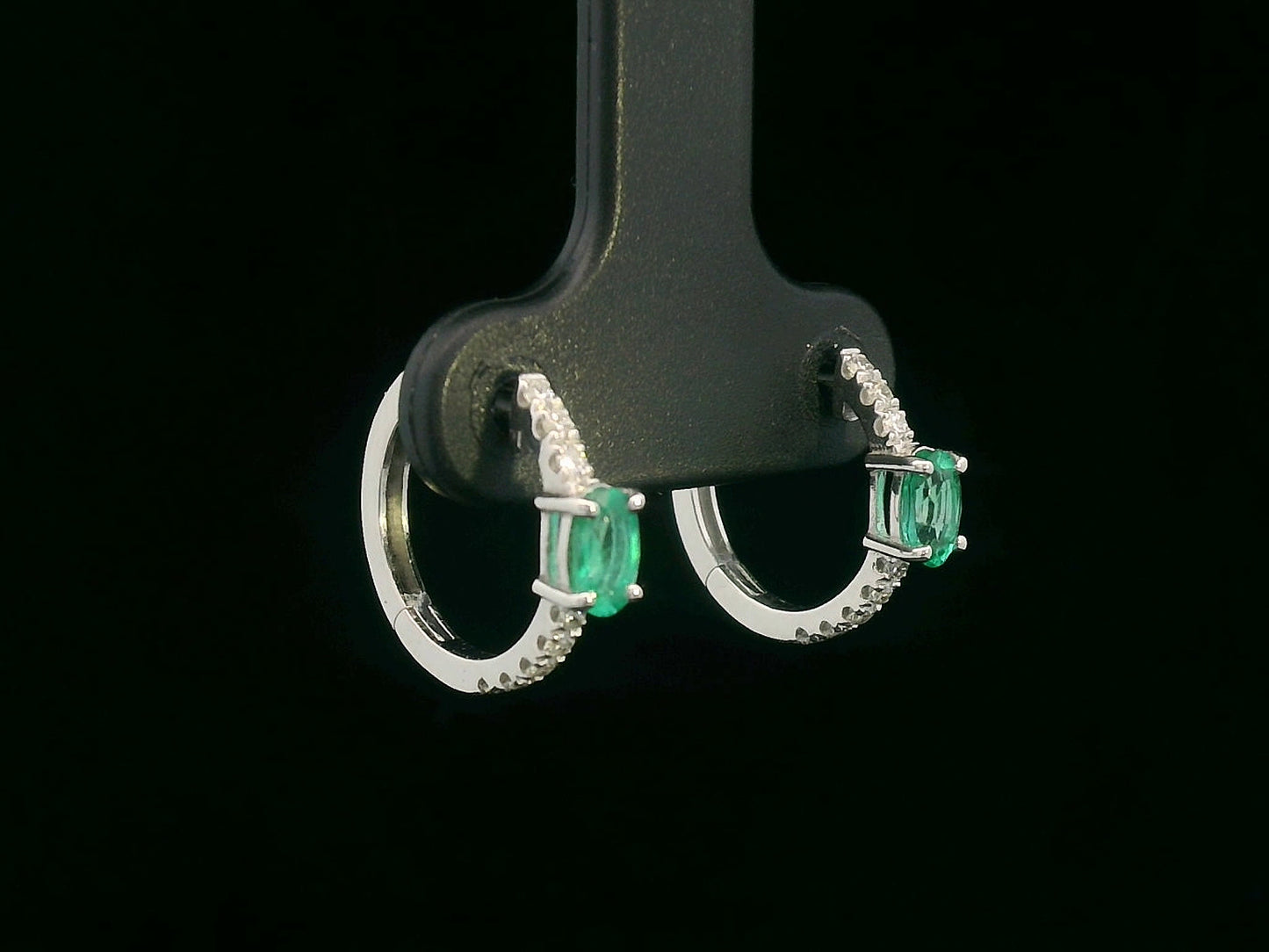 18K White Gold Hoop Earrings with Oval Emeralds and Diamond Accents