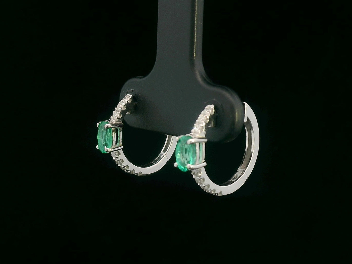 18K White Gold Hoop Earrings with Oval Emeralds and Diamond Accents