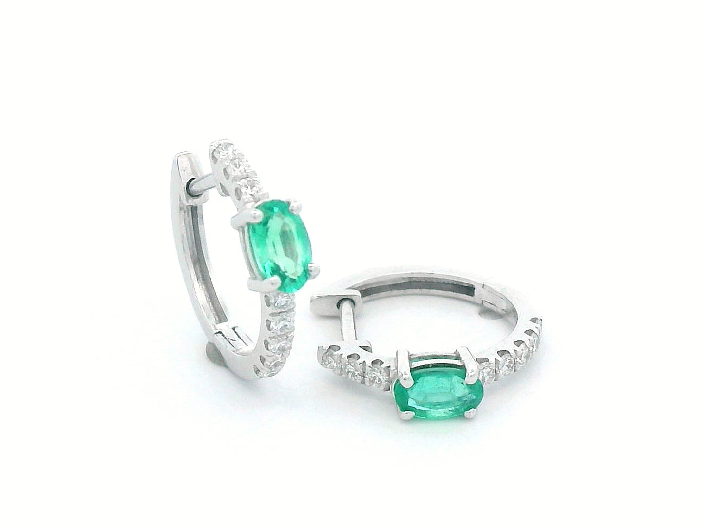 18K White Gold Hoop Earrings with Oval Emeralds and Diamond Accents