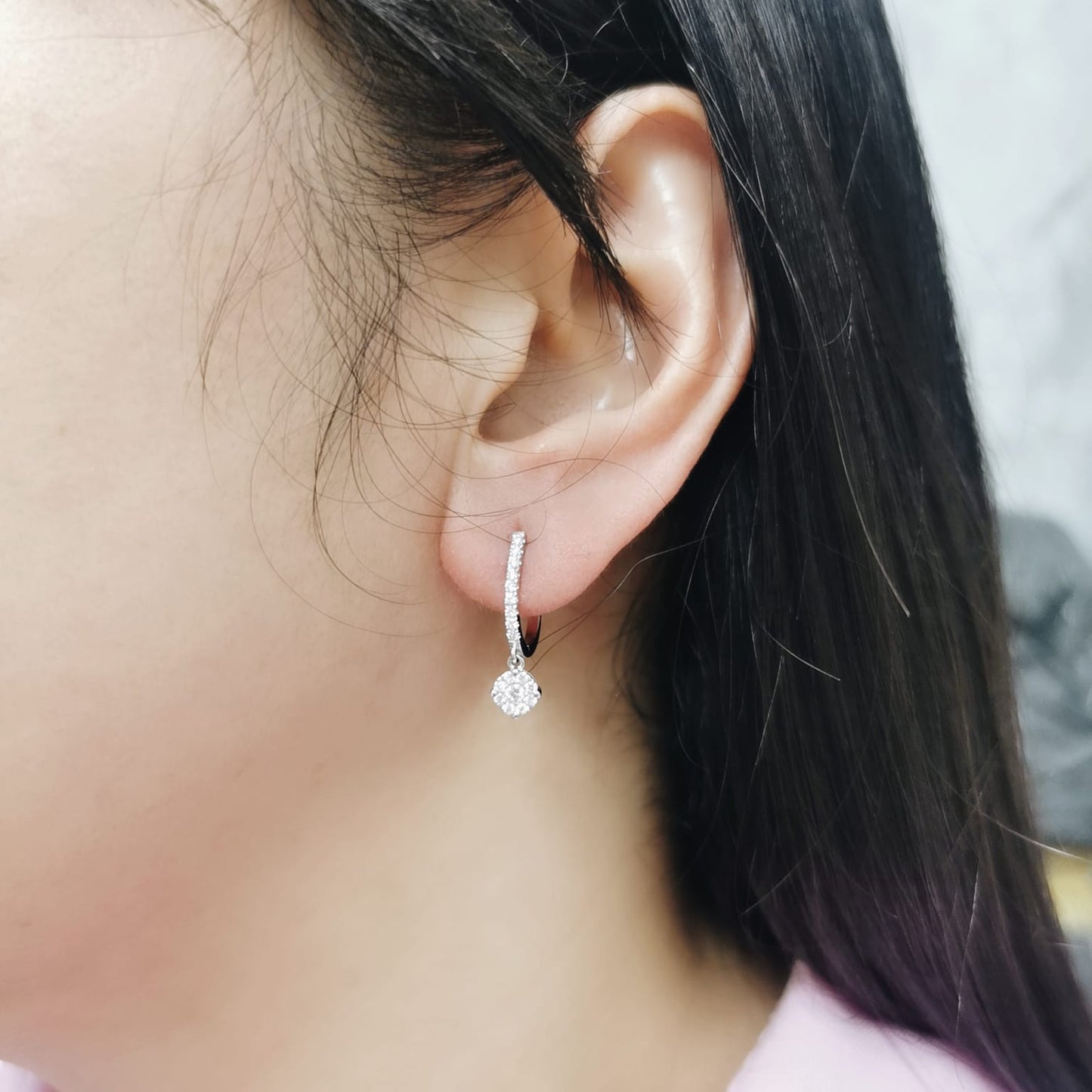 18K white gold diamond hoop earrings with round cluster drop, featuring 0.40 carat round-cut diamonds
