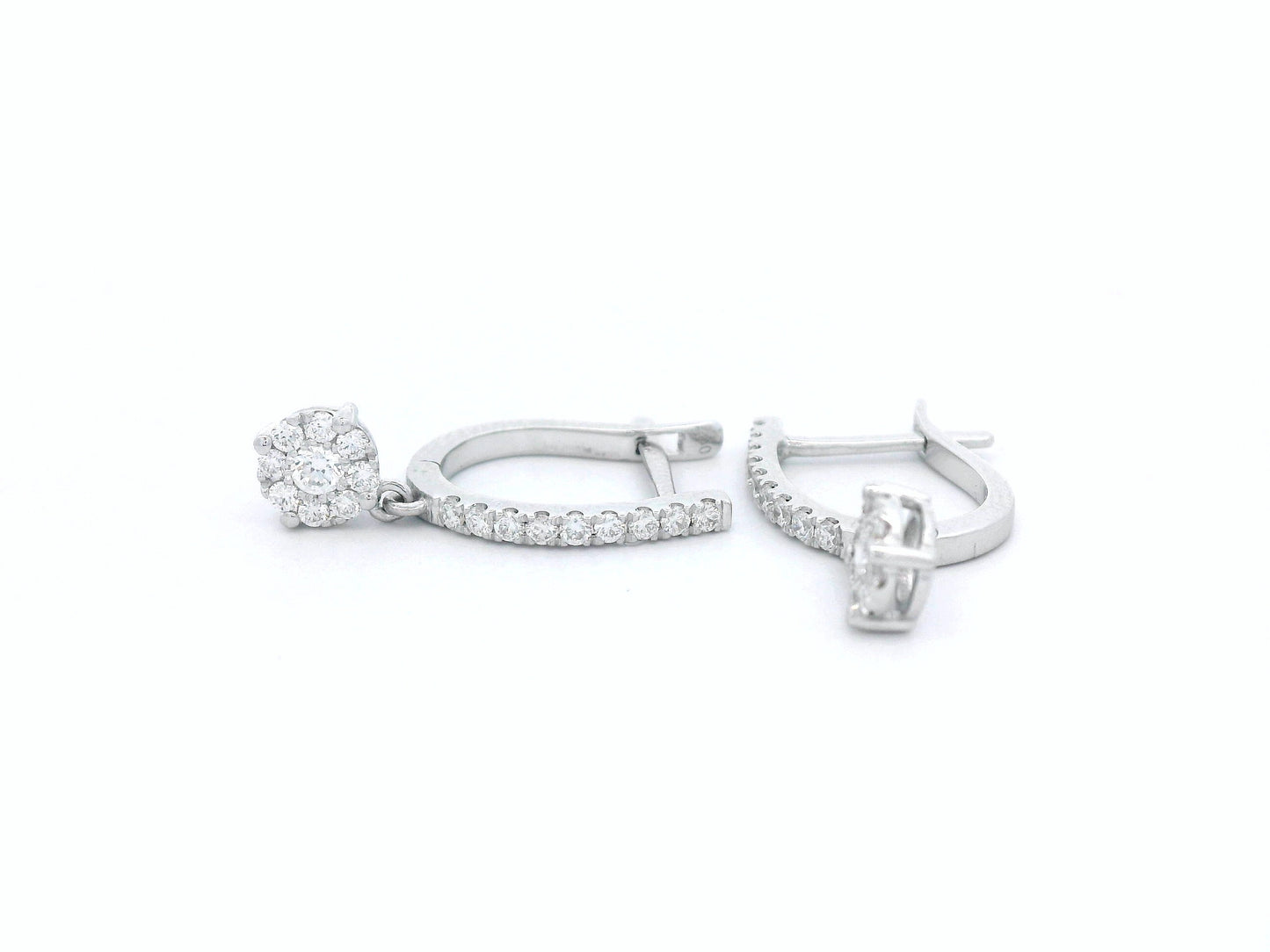 18K white gold diamond hoop earrings with round cluster drop, featuring 0.40 carat round-cut diamonds