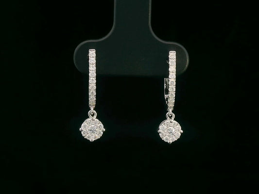 18K white gold diamond hoop earrings with round cluster drop, featuring 0.40 carat round-cut diamonds