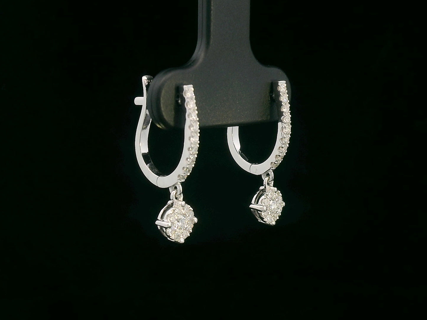 18K white gold diamond hoop earrings with round cluster drop, featuring 0.40 carat round-cut diamonds