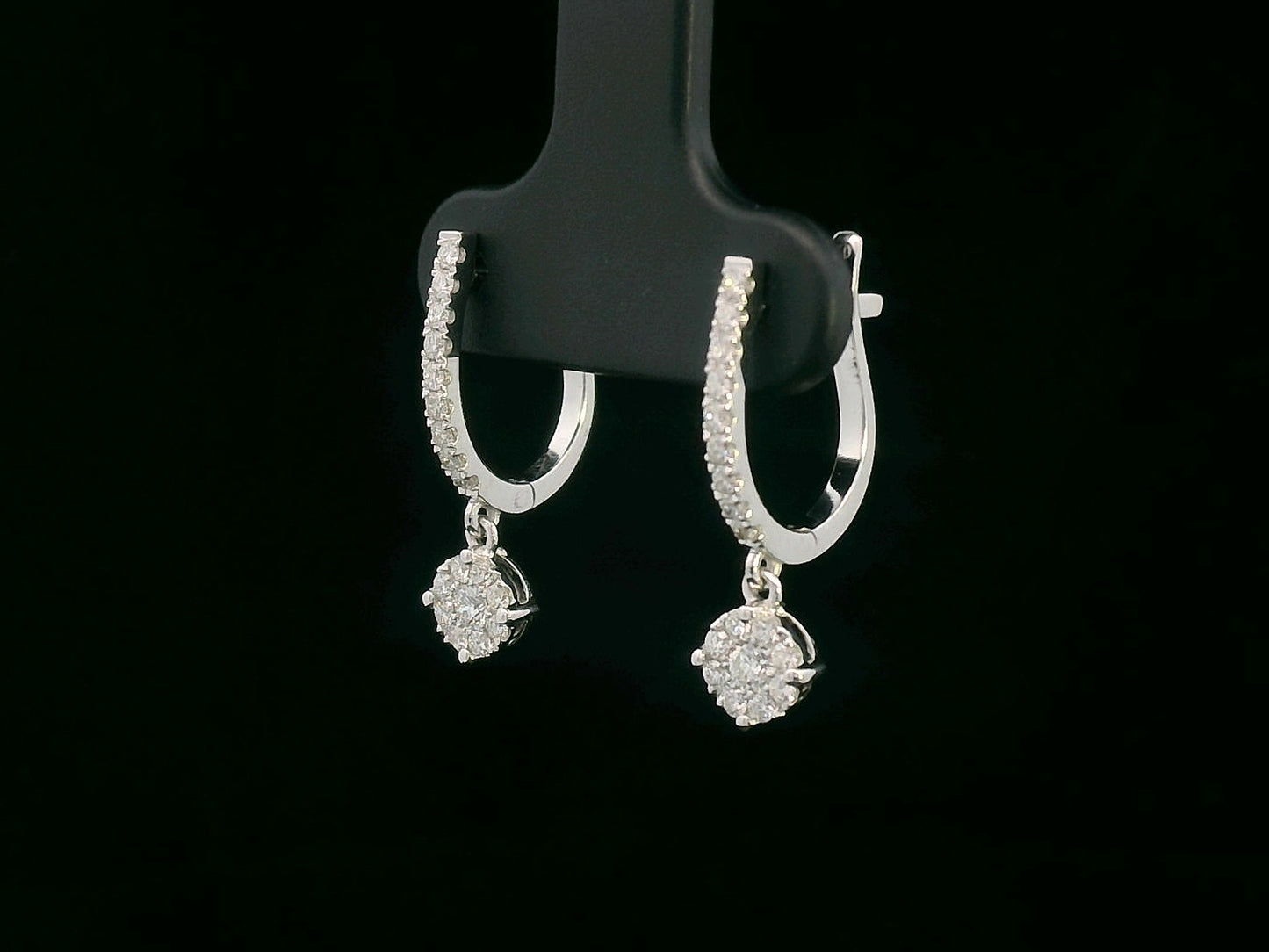 18K white gold diamond hoop earrings with round cluster drop, featuring 0.40 carat round-cut diamonds