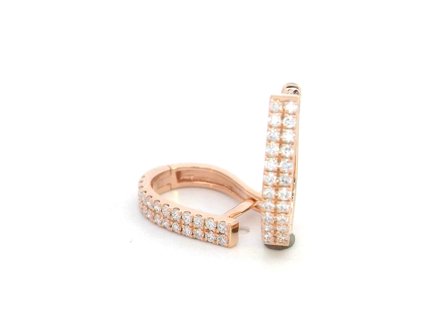 18K rose gold huggie earrings with 0.25 carat round diamonds in dual row setting