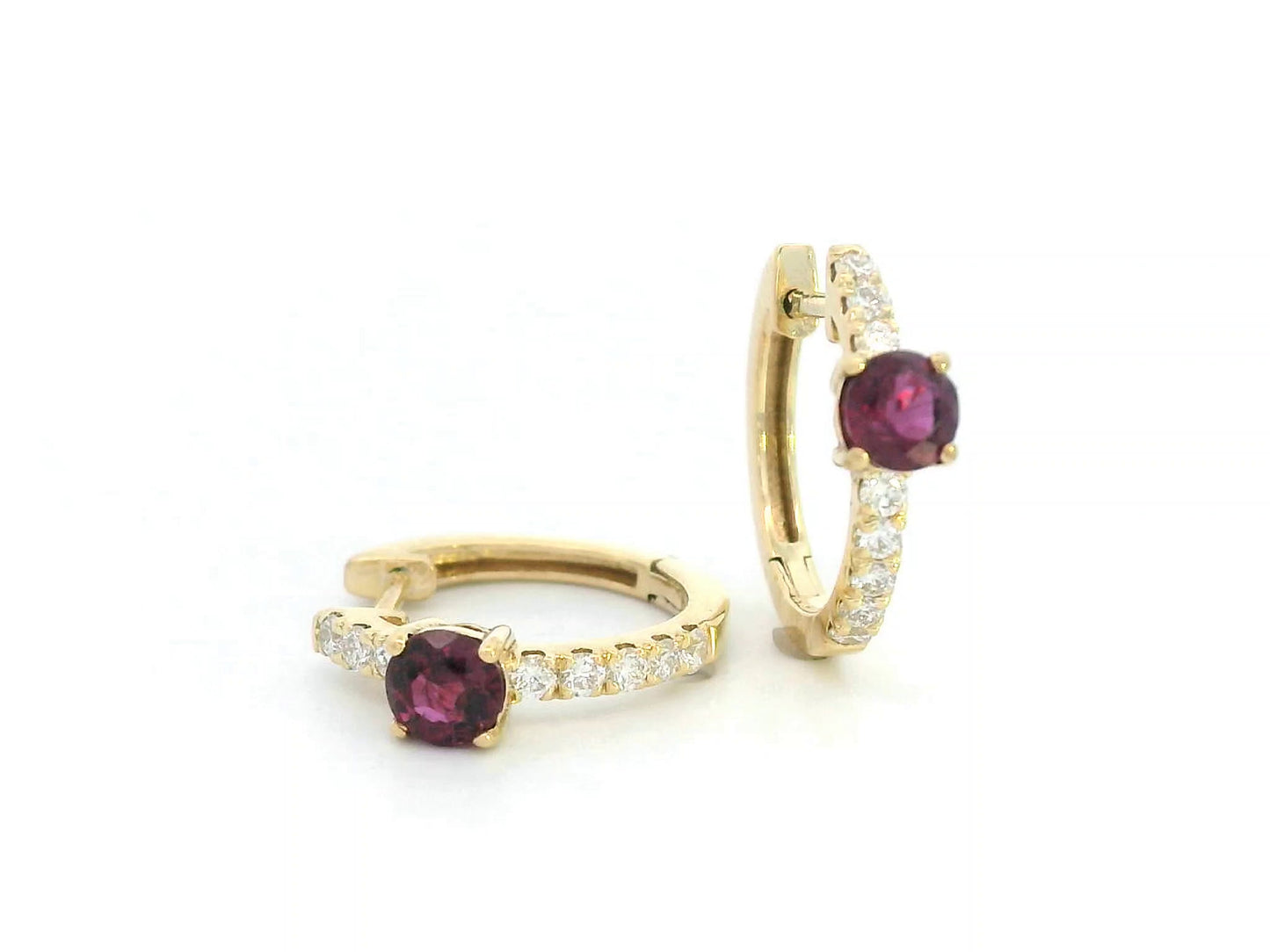 18K gold huggie earrings with round-cut ruby center and diamond accents – elegant red and white gemstone hoop earrings