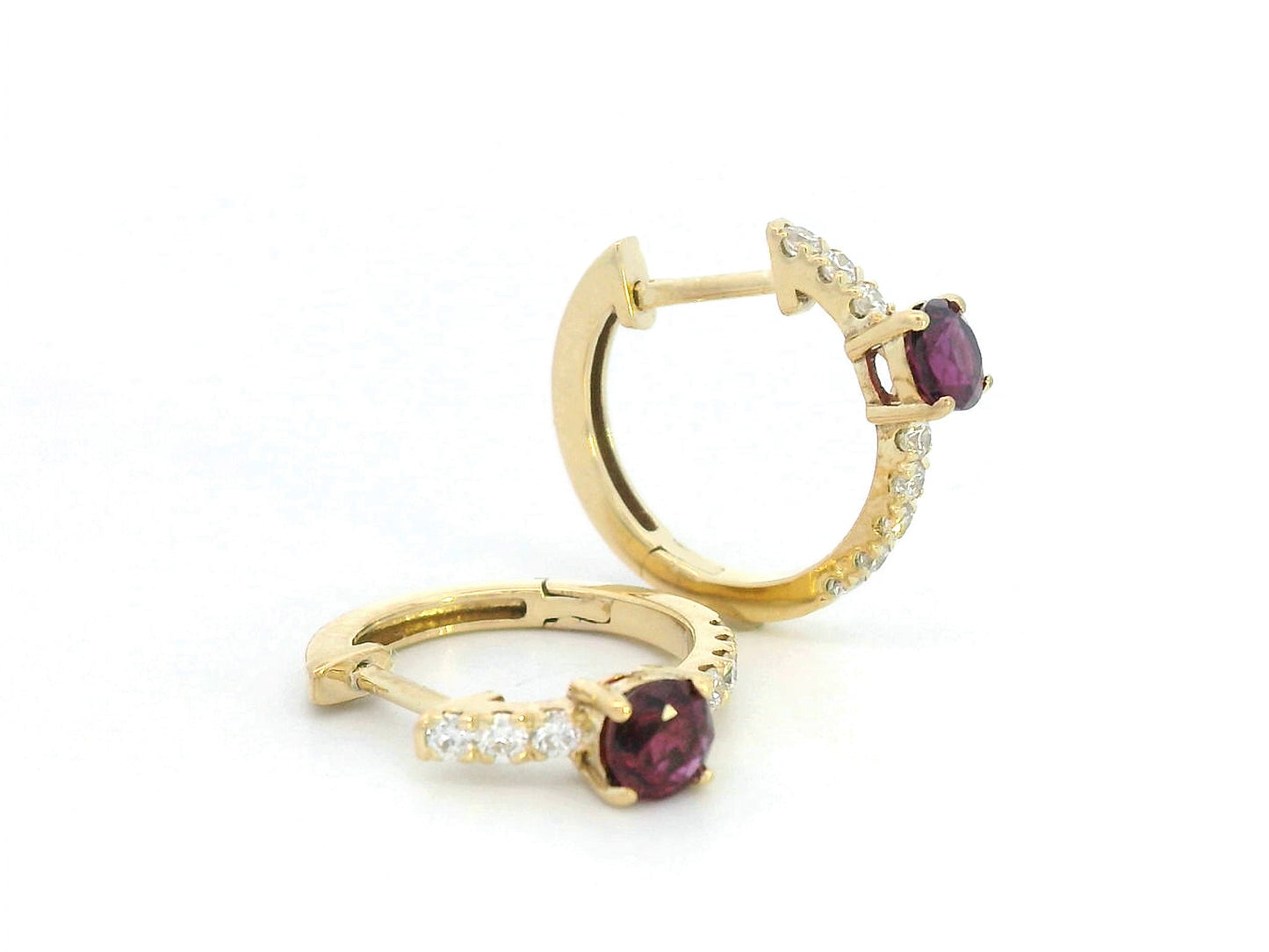 18K gold huggie earrings with round-cut ruby center and diamond accents – elegant red and white gemstone hoop earrings
